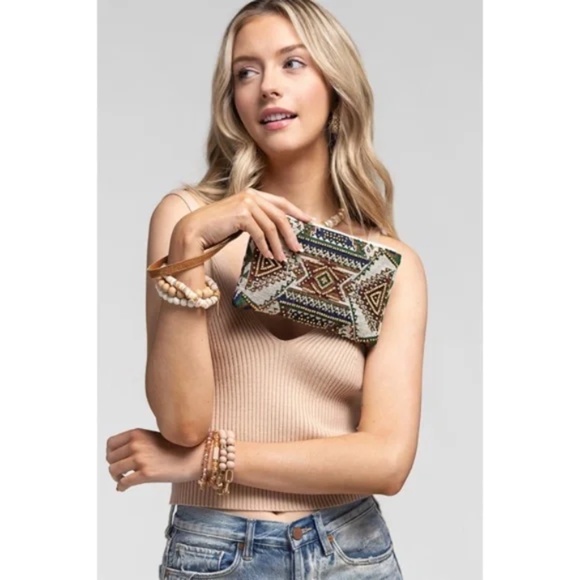 Handmade Cairo Western Boho Ethnic Pattern Beaded Jacquard Wristlet Clutch - Picture 2 of 7